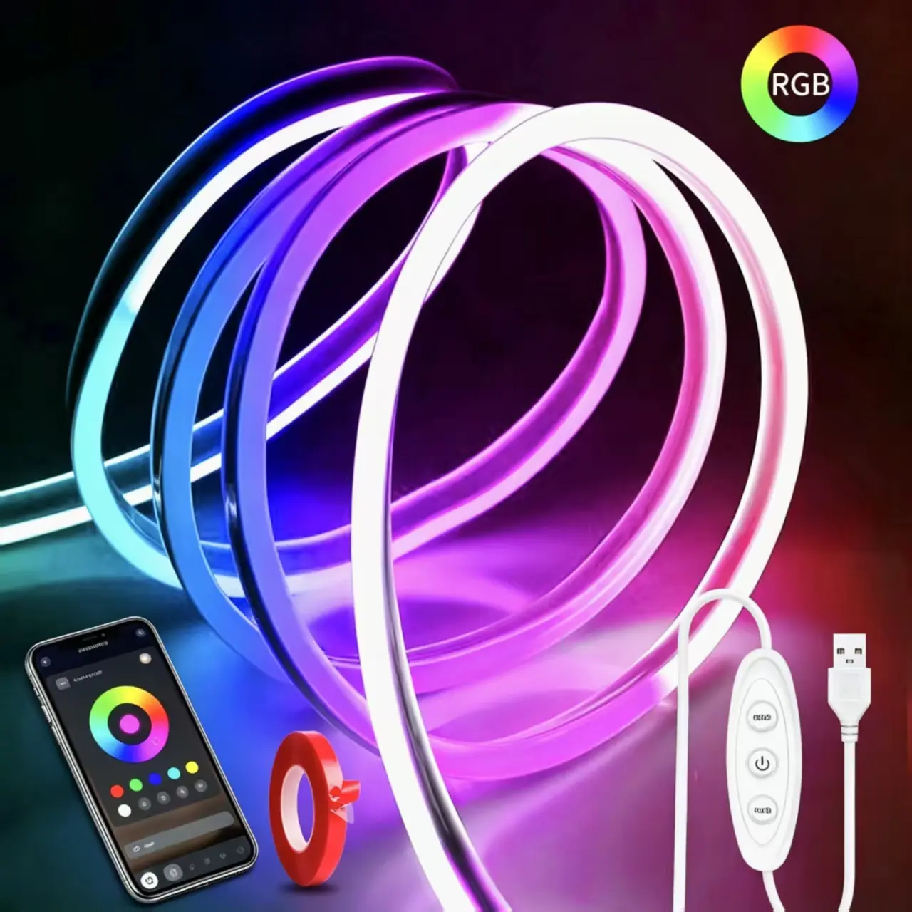 USB 5V RGB Neon LED Strip Lights - 1/2/3/5M Silicone Rope Lights with App & 3-Key Controller, Music Sync, Flexible DIY Color-Changing for Bedroom, Gaming Room Decor, Holiday Parties