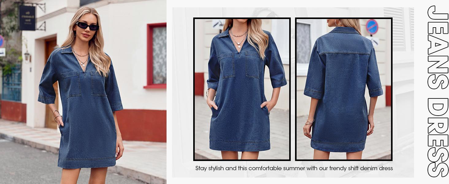 Wenrine Women's Denim Shirt Dress Summer Collared V Neck Mini Casual Jean Dresses with Pockets