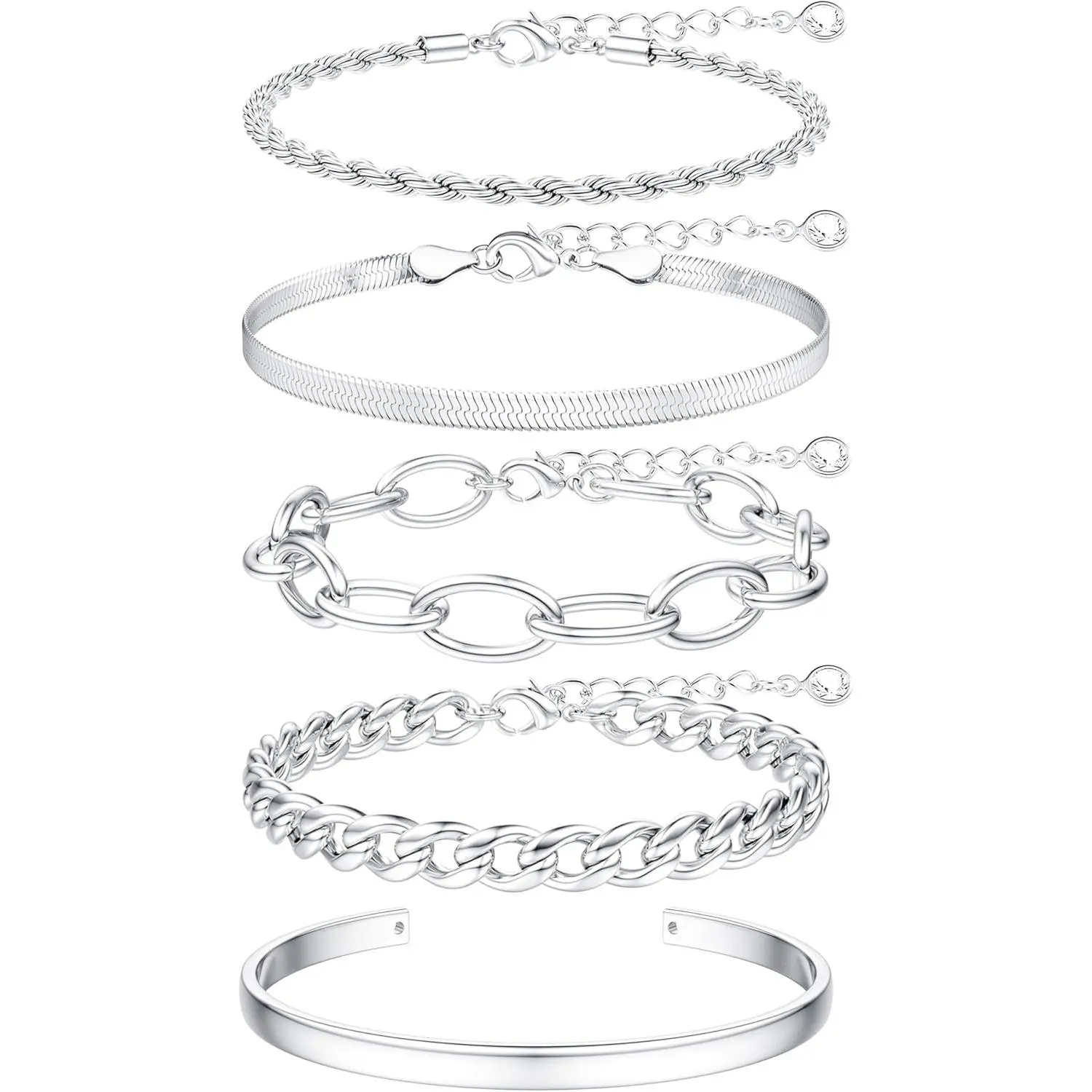 Chunky Silver Bracelets for Women Non Tarnish, Womens Silver Bracelet Stack Layered Chunky Chain Bracelets Waterproof Bangle Cuff Herringbone Bracelet Mothers' Day Jewelry Gifts