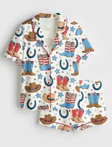 Fourth Of July Red White Blue USA Flag America Western Cowboy Boots Patriotic Cowboy Satin Pajama Set, Independence Day Gifts Family