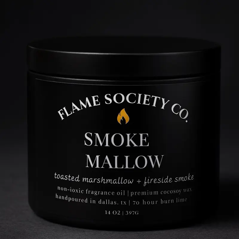 Flame Society Co. Smoke Mallow 14oz Soy Candle Toasted Marshmallow & Fireside Smoke Non-Ioxic Fragrance Oil Premium Cocosoy Wax Handpoured in Dallas TX 70 Hour Burn Time