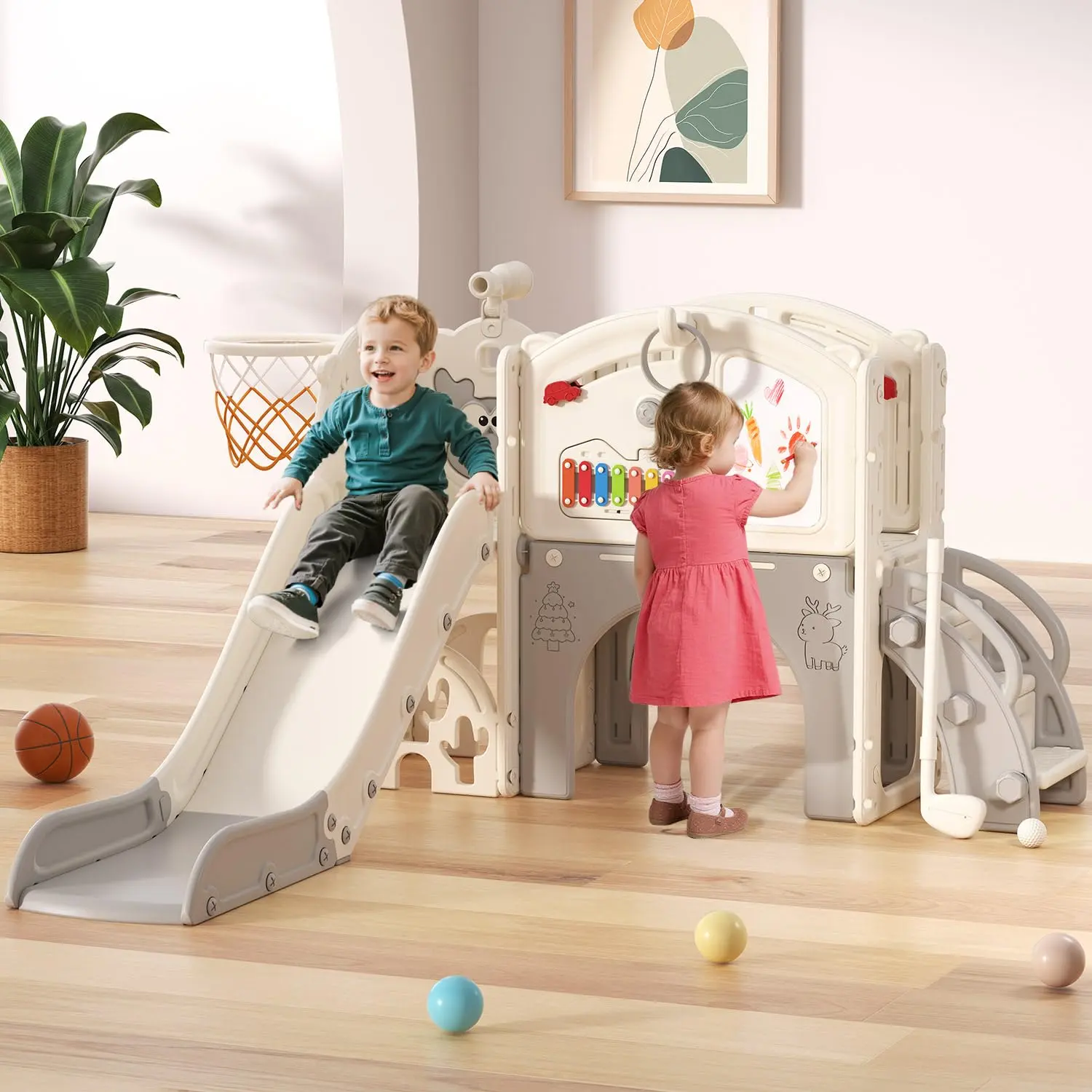 BIERUM 13-in-1 Plastic Unisex Toddler Slide Playset - Lightweight Playground Equipment with Basketball Hoop, Golf Game, Chalkboard, Balance Features, Cream & Gray Holiday Toys for Ages 1-3 Toddler Gifts, Sports, Holidays