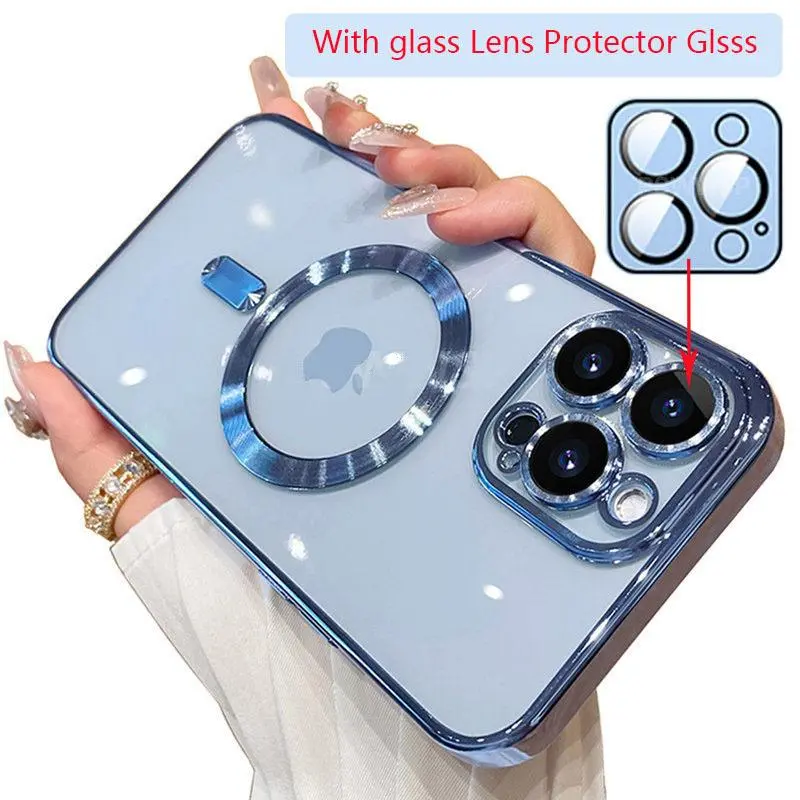 Full Camera Lens Protector Plating Soft Phone Case for iPhone 16 15 14 13 12 11 Pro Max Magnetic Case Compatible With MagSafe