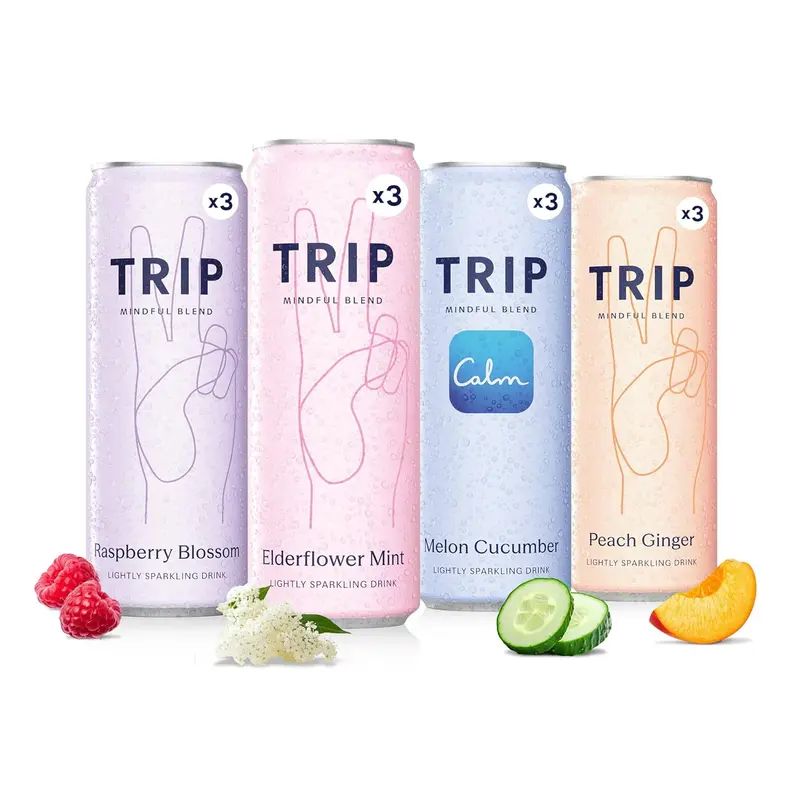 TRIP Lightly Sparkling Adaptogen Seltzer, Non-Alcoholic Mocktail with Magnesium, Ashwagandha, Lions Mane & L Theanine, No Added Sugar, Vegan, Original Variety Pack, 12 Oz, 12Pk