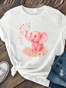 Pink Elephant Pattern Women's Short-sleeved, Round-neck Short-sleeved S T-shirt, Spring and Summer Casual Short-sleeved T-shirt, Women's Clothing