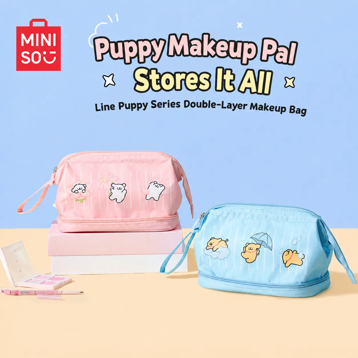 MINISO Line Puppy Double-Layer Large-Capacity Makeup Bag - Cosmetics Organizer, Portable Pouch, Travel Accessory for On-the-Go Use, Vanity Storage, Cartoon Artwork Design