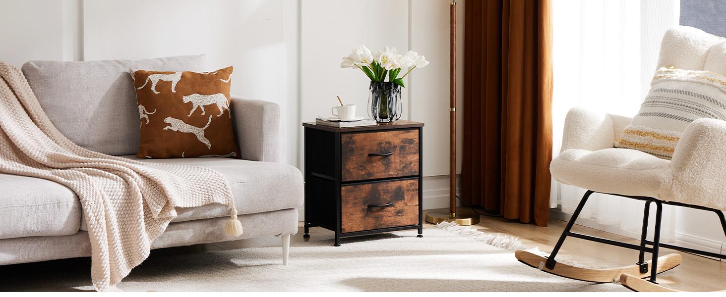 Nightstand with 2 Fabric Drawers, Tall Nightstand, Dresser,  End Table, Bedside Table, Bedroom Furniture for Living Room, Entryway, Nursery, Closet