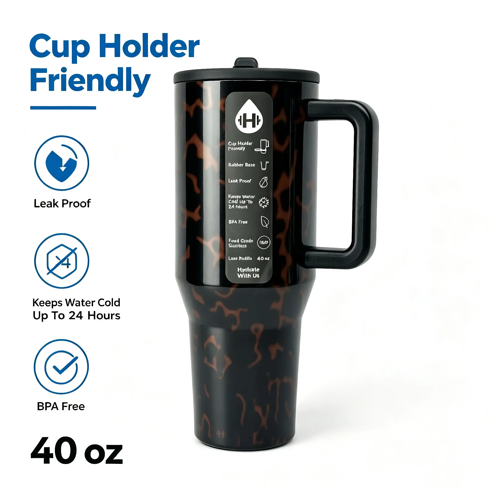 Trendy Tortoise Shell 40oz HydroJug Tumbler – Sleek Retro Hydration Mug Perfect for Commutes, Road Trips & Everyday Outfits