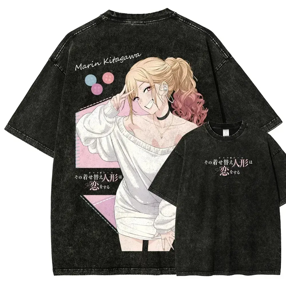 Men's Retro Marin Kitagawa Anime Graphic T-Shirt - Heavyweight Acid Wash Cotton, Oversized Casual Shortsleeve, Round Neck, Double Stitch Hem, Vintage Streetwear Top for Jeans Matching, Work Wear
