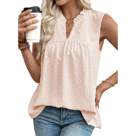 EVALESS Women's Polyester Ruffled Lace Tank Top - Casual V-Neck, Elegant Swiss Dot, Smocked Loose Sleeveless T-Shirt for Beach, 2026 Womenswear Summer Outfits