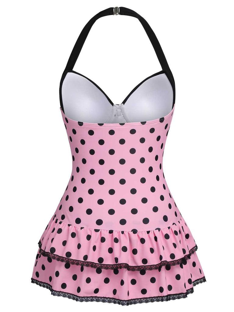PINK 1940S HALTER POLKA DOTS BOW ONE-PIECE SWIMSUIT Vintage Charm Dainty Bow Ruffled Hem Comfortable Fit Backless Design Womenswear Comic Womenswear