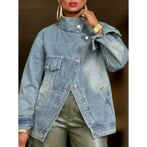 Women's Vintage Washed High Neck Asymmetric Button Loose Denim Jacket Street Style Trendy Versatile Top for Spring Autumn Winter Seasons Coats