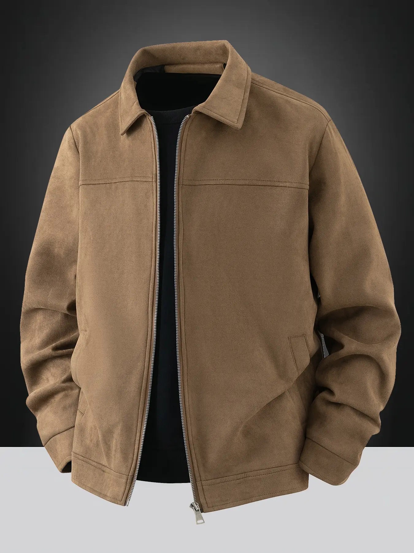 Men's Faux Suede Casual Jacket, Casual Fashion Collared Coat, Lightweight Zip Coat, Solid Zip Front, Zipper Closure, Collar Design, Long Sleeve, Plain Light Business Style, Durable Fabric, Casual Zipper Outerwear, Casual Fashionable Jacket