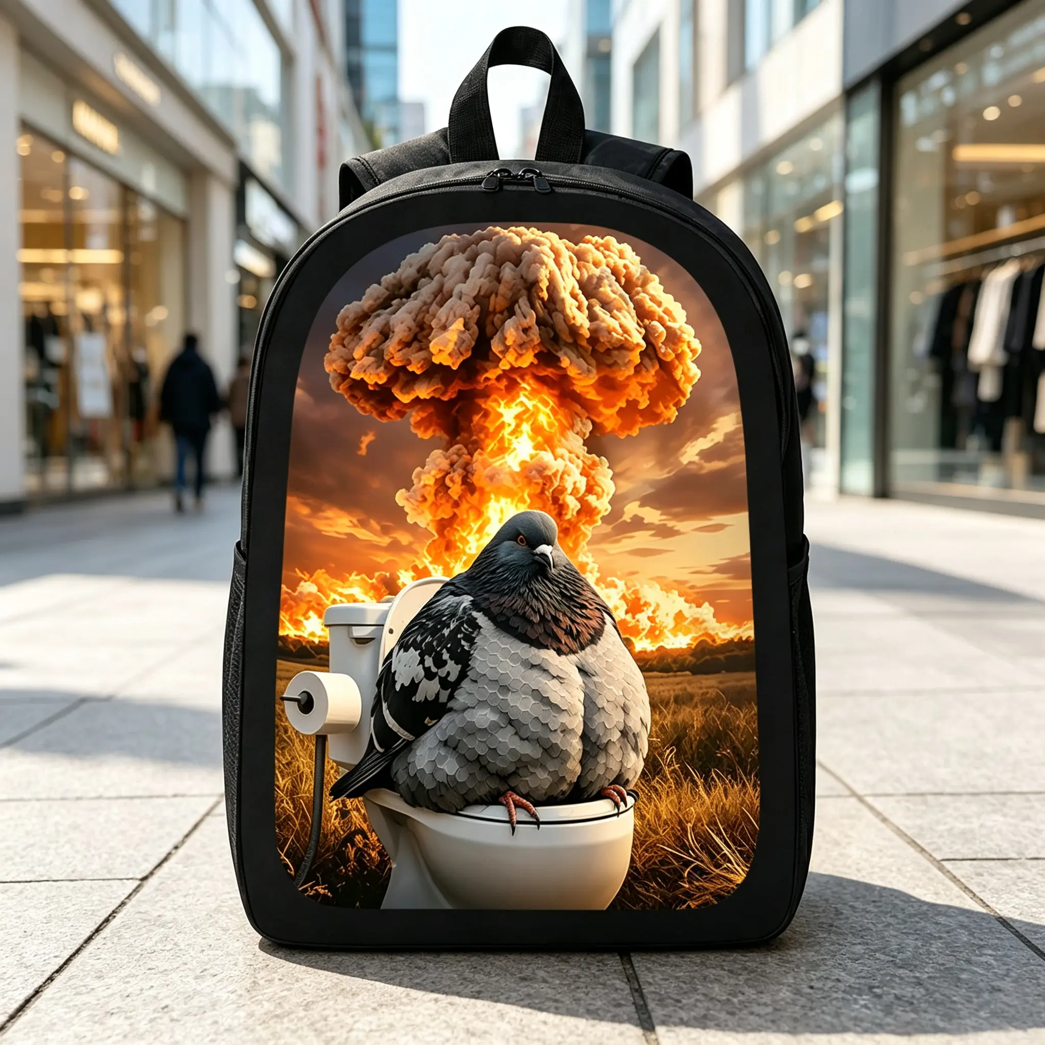 Printed Design – Not Textured 2D Flat Printing: Pigeon on Toilet with Explosion Behind, Casual Backpack, Travel Laptop Backpack, 2D Flat Printing, Rucksack with Ample Capacity—Suitable for Travel, Daily Use, and Commuting, 2D Flat