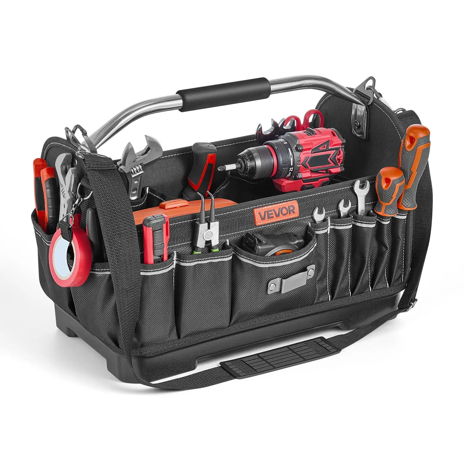 【summerfinds】VEVOR Heavy Duty Tool Bag, 16.1 in Open Top Tote with 33 Pockets, Rivets, 1680D Polyester, Hard-Sided Hard Plastic Base, Adjustable Shoulder Strap, Tool Pouch for Construction Professionals, Fathers, Repair Tasks, Tool Organizing Bag