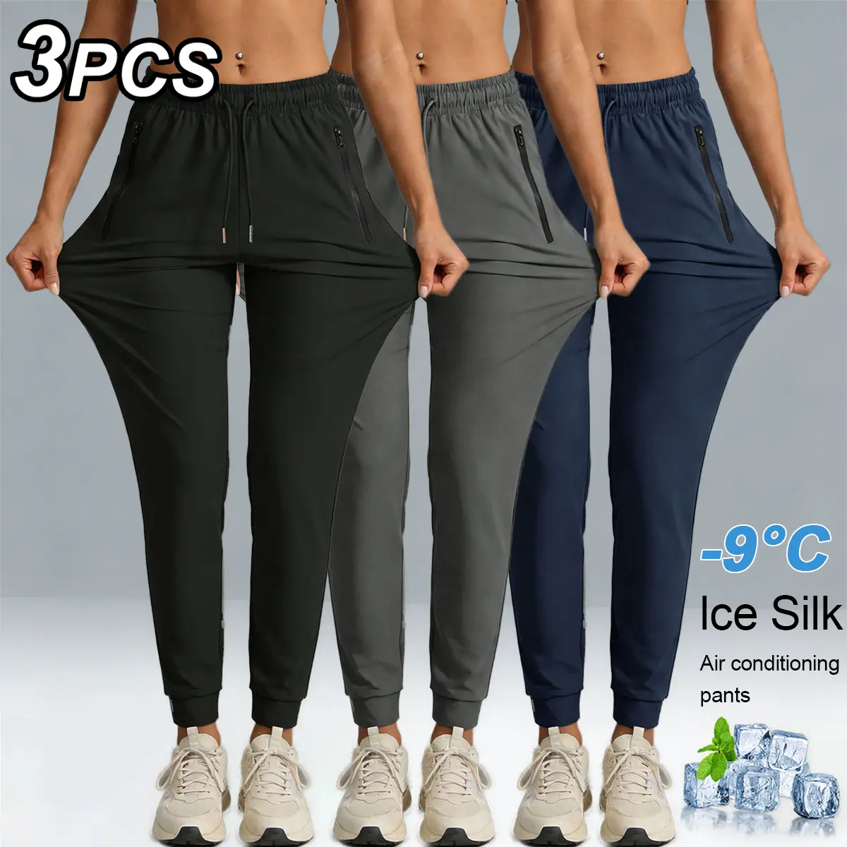 Women's Ice Silk Joggers 3 Pack, Cooling -9℃ Quick Dry Athletic Pants, Lightweight Stretch Workout Sweatpants with Zipper Pockets, Drawstring Elastic Waist Casual Lounge Pants for Summer marlon print sweatpants