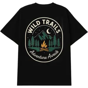 Men's Wild Trails Graphic T-Shirt Oversized Cotton Tee Adventure Awaits Mountain Campfire Print Streetwear Soft Fabric Classic Menswear Gift Casual Crewneck