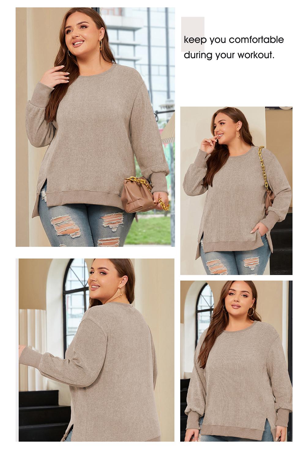 Aleumdr Women's Plus Size Casual Cozy Sweatshirt, Classic Crewneck Long Sleeve Pullover Top with High-Low Slit Hem, Crewneck Classic, Longsleeves, Round Neck