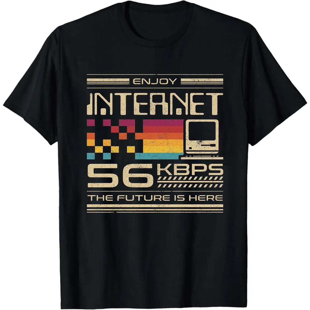 Black Short Sleeve Retro 90s Internet Graphic Tee - 56 Kbps Dial-Up Nostalgia Print Shirt | Vintage Tech Culture Apparel | Ideal for Daily Wear & Nostalgia Enthusiasts