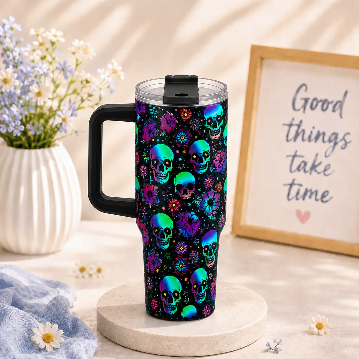 40oz Neon Skull Insulated Stainless Steel Flask - Reusable Aesthetic Goth Travel Mug with Handle, Straw, Lid, Colorful Floral Design, Halloween Kitchenware Drinkware Gift, Flasks, Insulation
