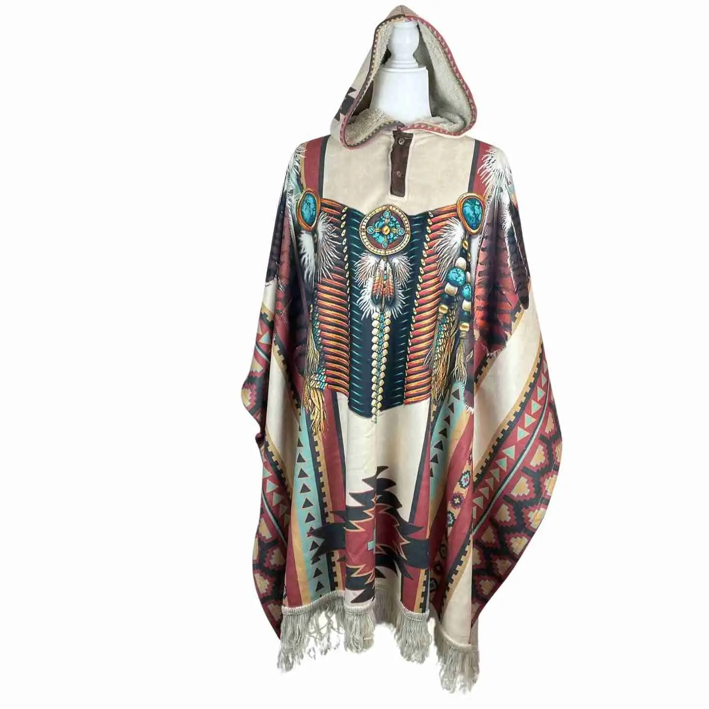 Women's Aesthetic Sherpa Hooded Poncho - Pullover Style, Feathers Tan, Black Shawl Cape, Fabric, Geometric, Fit