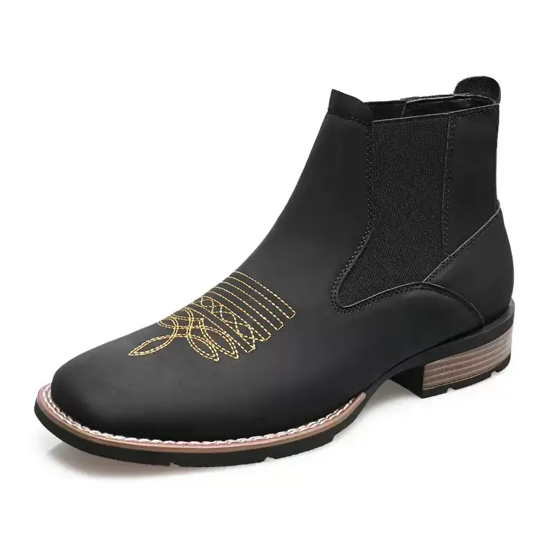 Men's Black Chelsea Boots - Hand-Embroidered Slip-On Ankle Walking Shoes for Business, Casual Outdoor Wear, Black Boot