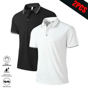 Men’s two-pack regular-fit solid-color polo shirts with buttons, short sleeves and a turn-down collar; suitable for golf and other outdoor activities; casual, comfortable, breathable menswear.