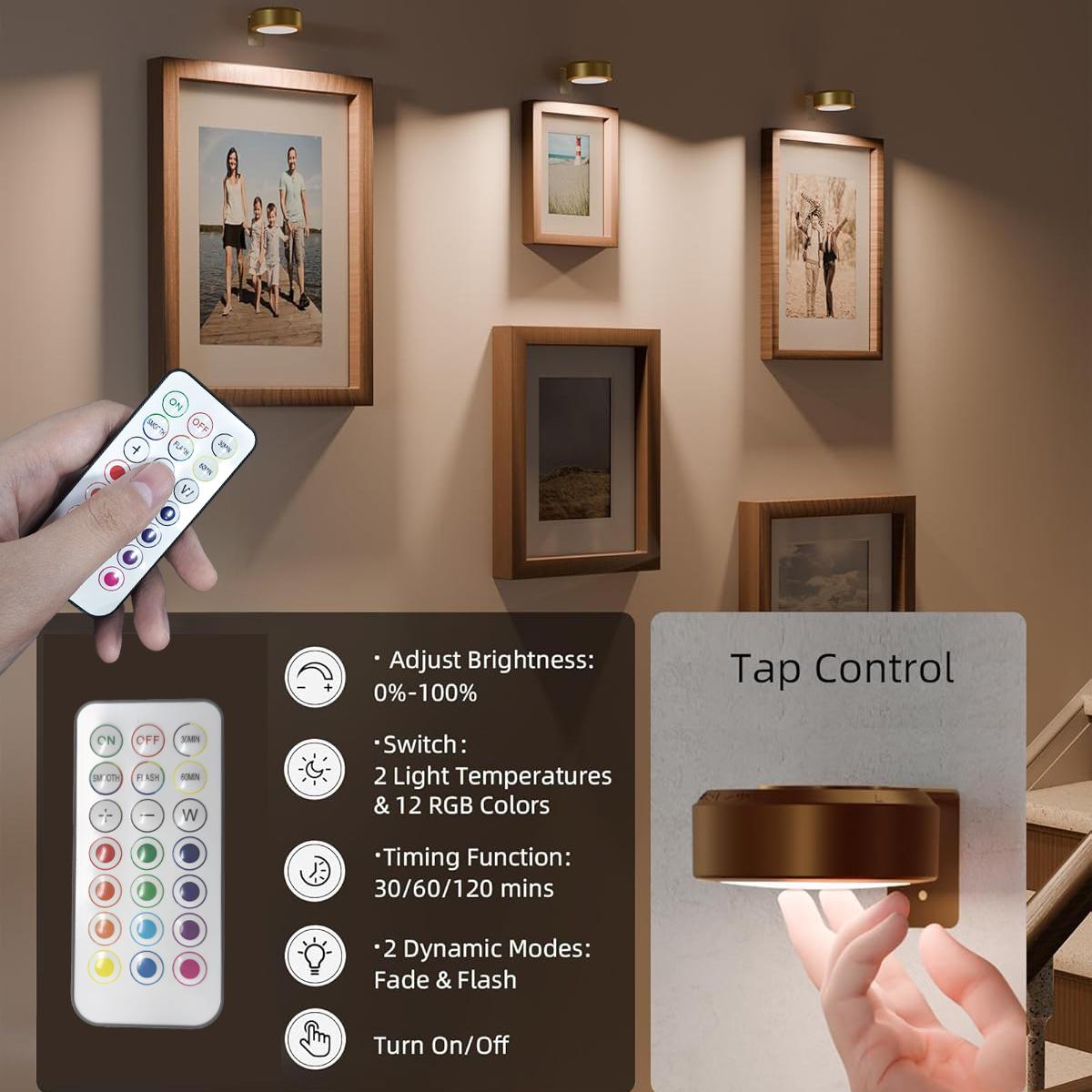 Picture Lights for Wall (3 Color Temps&12 RGB),Rechargeable Battery Operated Painting Light Magnetic Art Display Light with Remote, Puck Lights, Dimmable & Timer Art Lighting for Paintings Wireless,Gold, Gifts Ideas