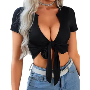 Avidlove Tie Front Crop Tops for Women Deep V Neck Short Sleeve Sexy Tops Summer Cute Shirts