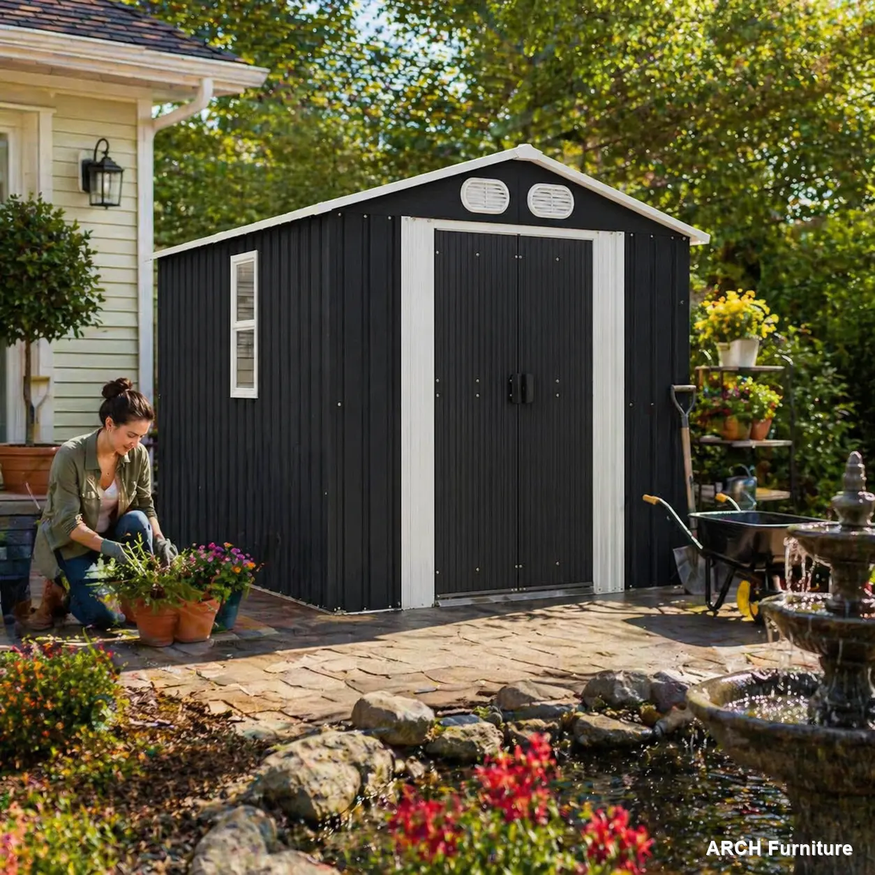 Campcraft 8x6 FT Waterproof Metal Tool Shed, Steel Backyard & Durable Garden Storage Shed with Lockable Doors, Air Vents for Backyard Garden Patio, Dark Gray, Steel Backyard Shed, Waterproof Metal Shed