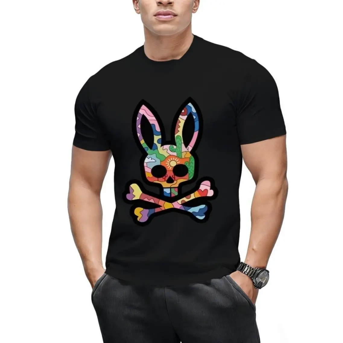 Unisex Cotton Round Neck Short Sleeve Tee Bone Pattern Rabbit Hip Hop Street Style Rock Aesthetic Casual Spring Summer Sports Top Soft Comfortable Multi Size Streetwear Shirt Breathable Fabric