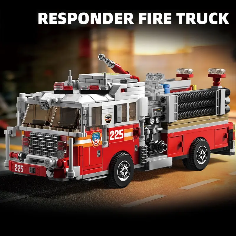 American Fire Truck Building Blocks Set, Building Sets, Rescue Car Assembly Model, Moving Function, Rotating Water Gun, Durable and Stable Design, Creative Decoration, Ideal Birthday Gift for Kids