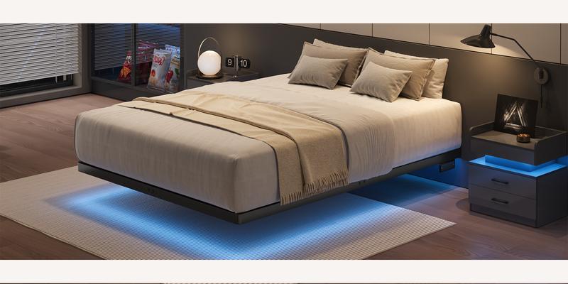 【Valentine's Day gift】ONBRILL Queen Size Floating Bed Frame with USB Charging Station and Smart LED Lights, Heavy Duty Metal Platform Bed with Underbed Storage Space, Easy to Assemble, Noise-Free, No Box Spring Needed