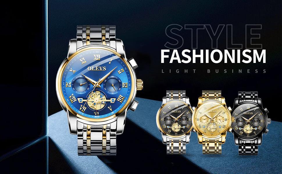 OLEVS Mens Watch Chronograph Business Dress Quartz Stainless Steel Waterproof Luminous Date Wristwatch