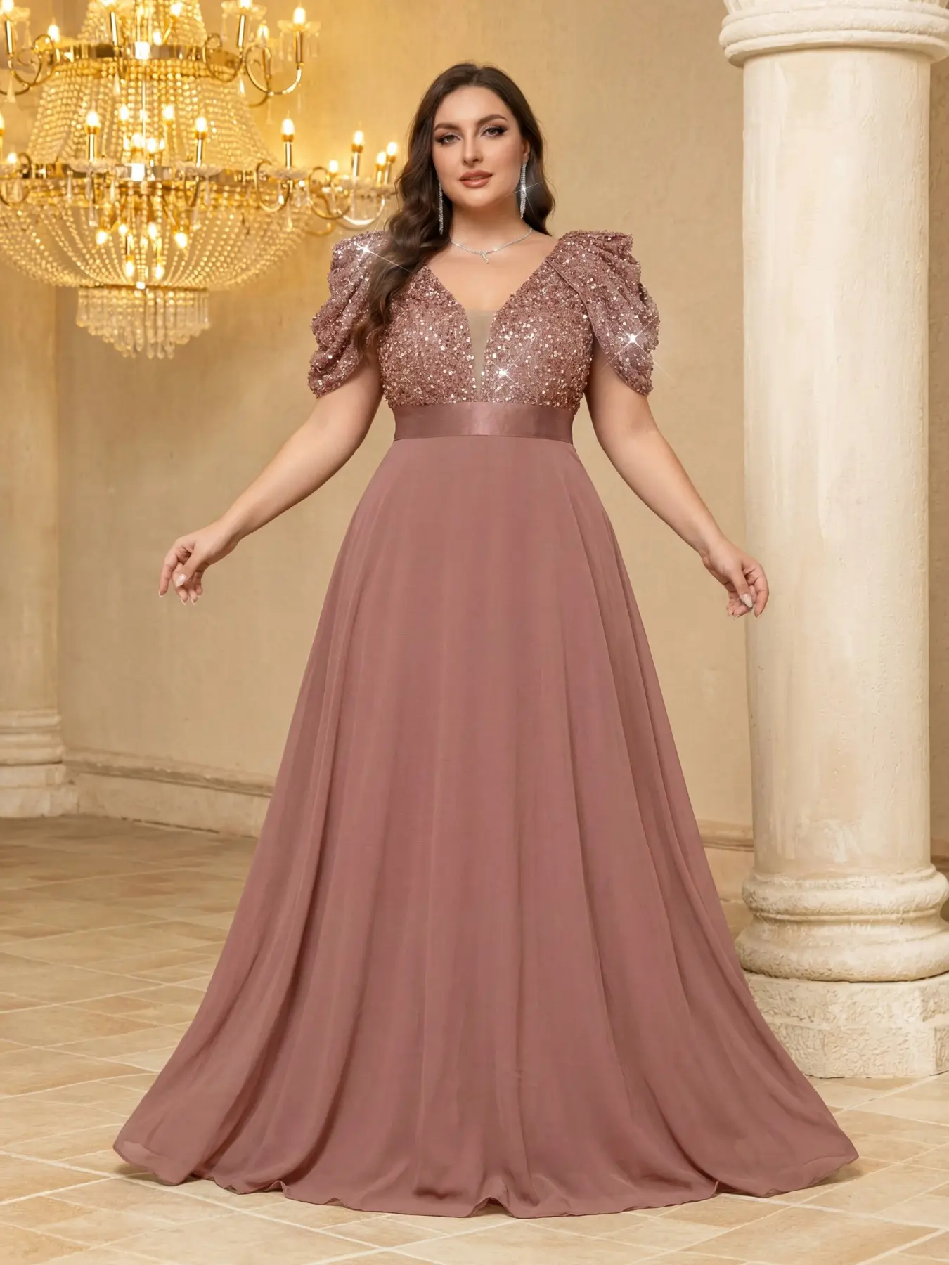 Deep V Neck Cape Sleeve Sequin Patchwork Solid Lightweight Chiffon Elegant Glamorous Chic Floor-Length Evening Party Formal Wear Dress Prom Glam Gown Evening Glam Gown