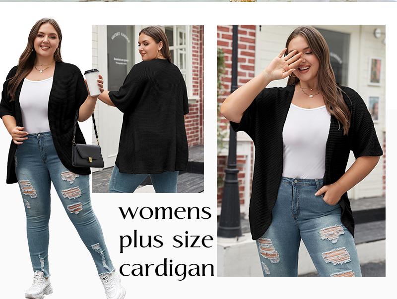 Eytino Womens Plus Size Cardigan Casual Short Sleeve Waffle Knit Kimono Open Front Tops(1X-5X)