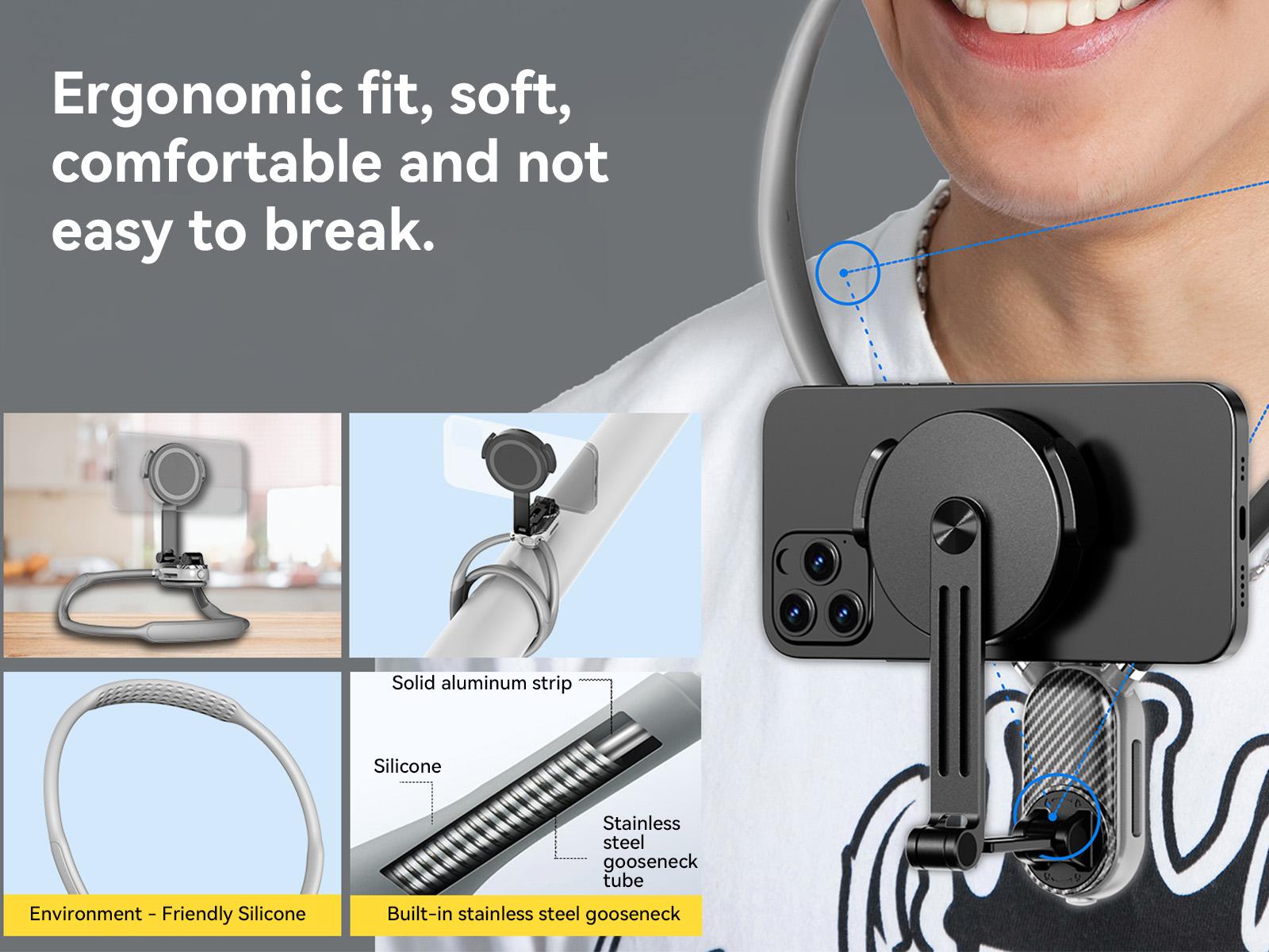 Magnetic Neck Mount for Phones,Hands-Free POV/Vlog Holder, Chest Strap for iPhone 16 15 14 13, Android, and Smartphone,Neck magnet Phone Holder Stand for 360° Adjustable Cellphone Silicone neck tripod