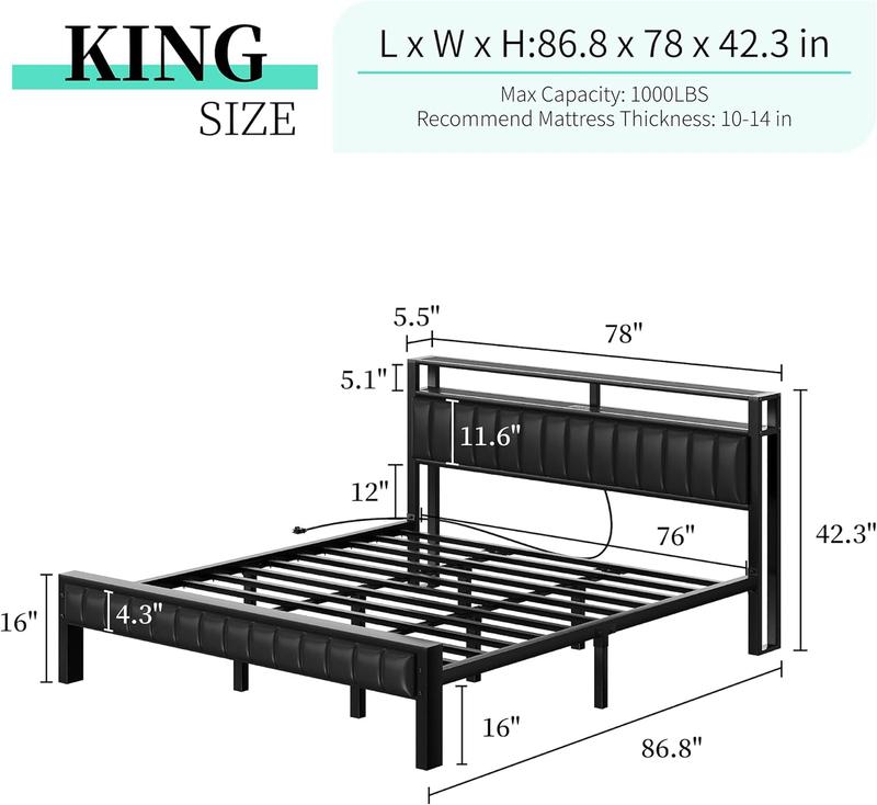 AMERLIFE Platform Bed Frame with LED Light, PU Headboard, Charging Station and 2-Tier Storage Space,Best Gift Ideas/Christmas Gifts