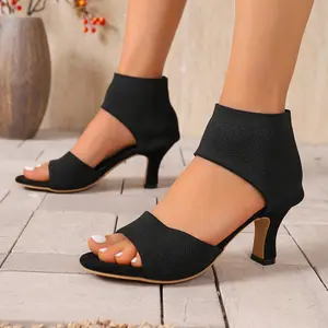Women'S Wide Width High-Heel Sandals - Breathable KnitUpper & Cushioned Insole, Open-Toe Slip-Resistant RubberSole, EVA Insole & Arch Support - All-Season, Versatile ForCasual & Formal Wear - Black, High Heel Sandals, FormalFootwear