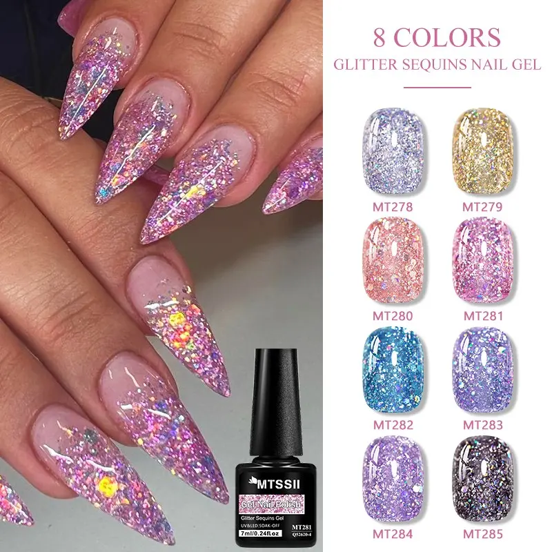 Mtssii Gel Glitter Sequins Nail Polish Set, Cosmetic 8 Colors Glitter Sparkle Top Gloss Soak off UV LED Gel Polish Kit, Glitter Top Coat, Nail Art, 7ML Each for Salon Home DIY Manicure, Gel Nail Polish with UV Light