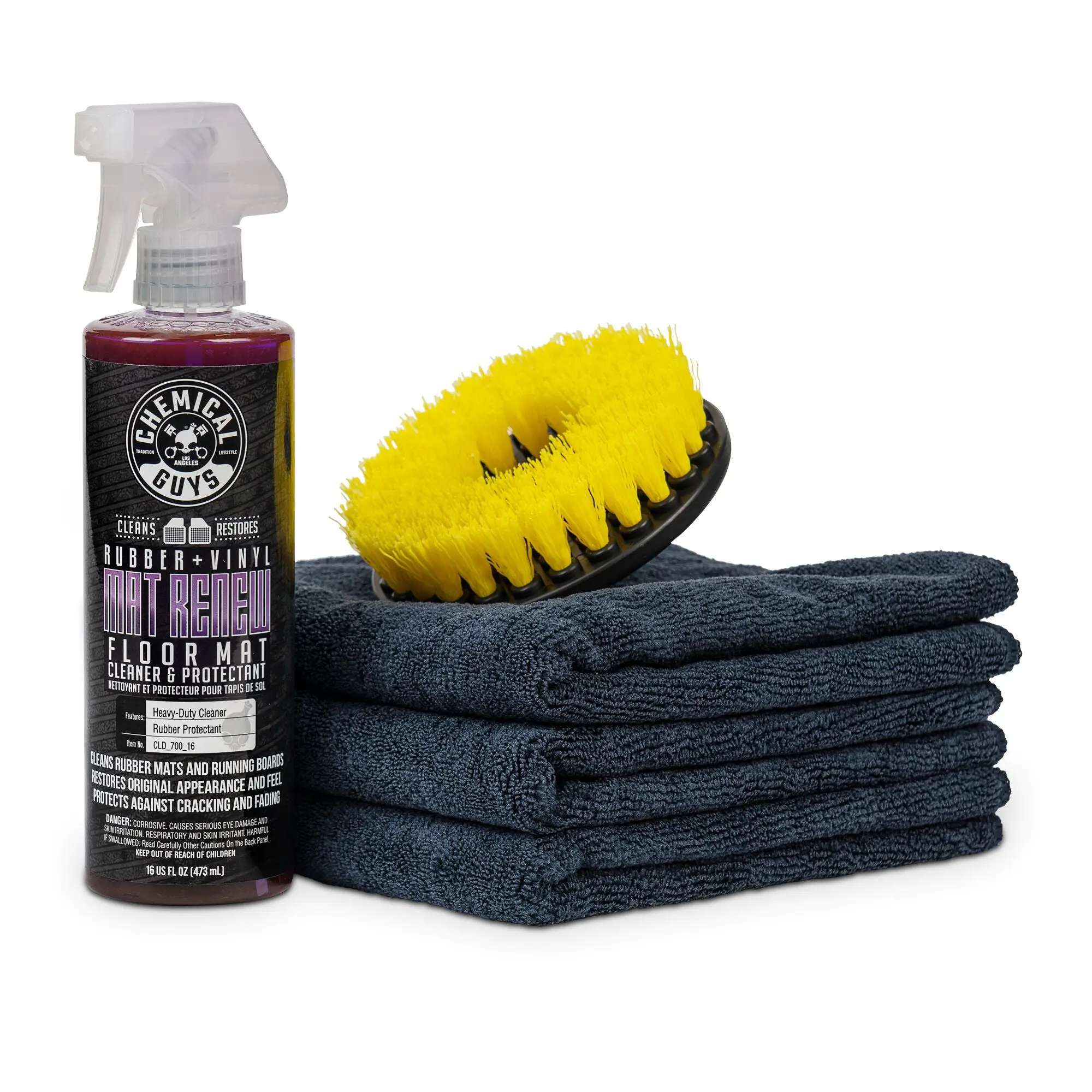 CHEMICAL GUYS Moderate Floor Mat Renew Deluxe Cleaner Combo - Lifts Mud & Stains, Fixes Cracking on Rubber/Vinyl Surfaces, Includes Cleaning Agent, Brush, Towels & Essential Cleaner for Fresh Finish