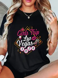 100% Cotton Trip Las Vegas 2026 Letter Print Women'S T-shirt | Short Sleeve Crew Neck Casual Top for Spring/Summer, Medium Stretch Fabric
