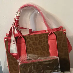 Red and Brown Leopard Print Bag with Detachable Strap and Matching Wallet Set