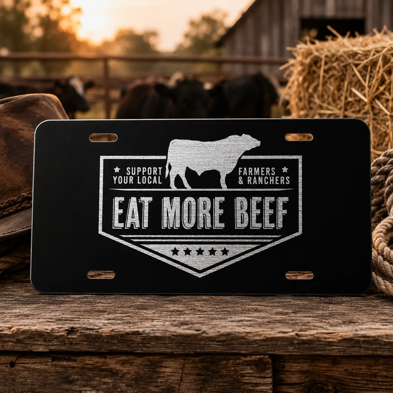 Eat More Beef License Plate, Support Your Local Farmers & Ranchers, 100% Aluminum 12 x 6 Vanity Car Tag, Pre-Drilled for Easy Installation, Made in USA