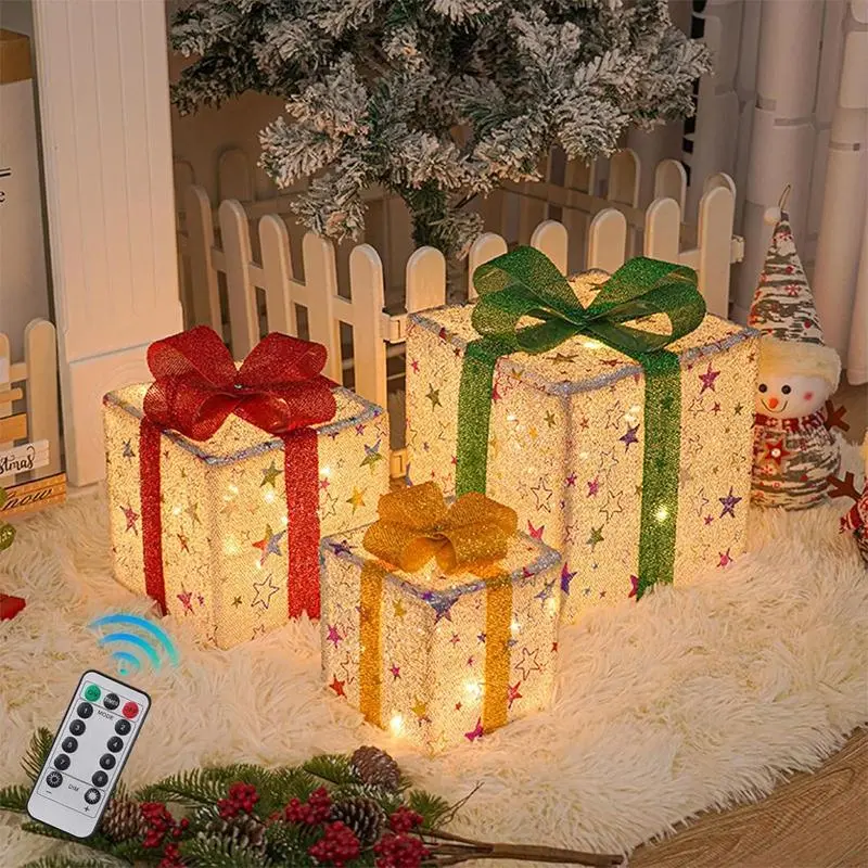 3 Piece Christmas Light Gift Box Set with Remote Control, Festive Ribbon Decorations, Indoor Outdoor Use, Warm Glowing Lights,Holiday decorations, Christmas gifts,christmas gifts ideas Illuminated Lantern Led Lantern