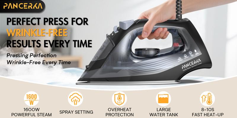 PANCERKA 1600W Steam iron, Adjustable Thermostat Control steam iron, non-stick soleplate, Overheat Safety Protection & Variable Steam Control, suitable for ironing clothes on all fabrics, Steamer for Clothes, Iron for Clothes, Travel Essentials