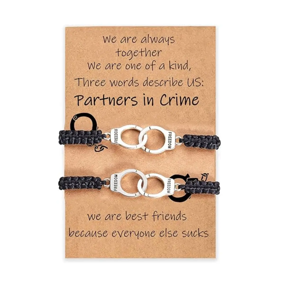 2-Piece Friendship Bracelets Set - Funny Handcuff Costume Jewelry, Plain Black Woven Rope, Adjustable, Hypoallergenic for Best Friends