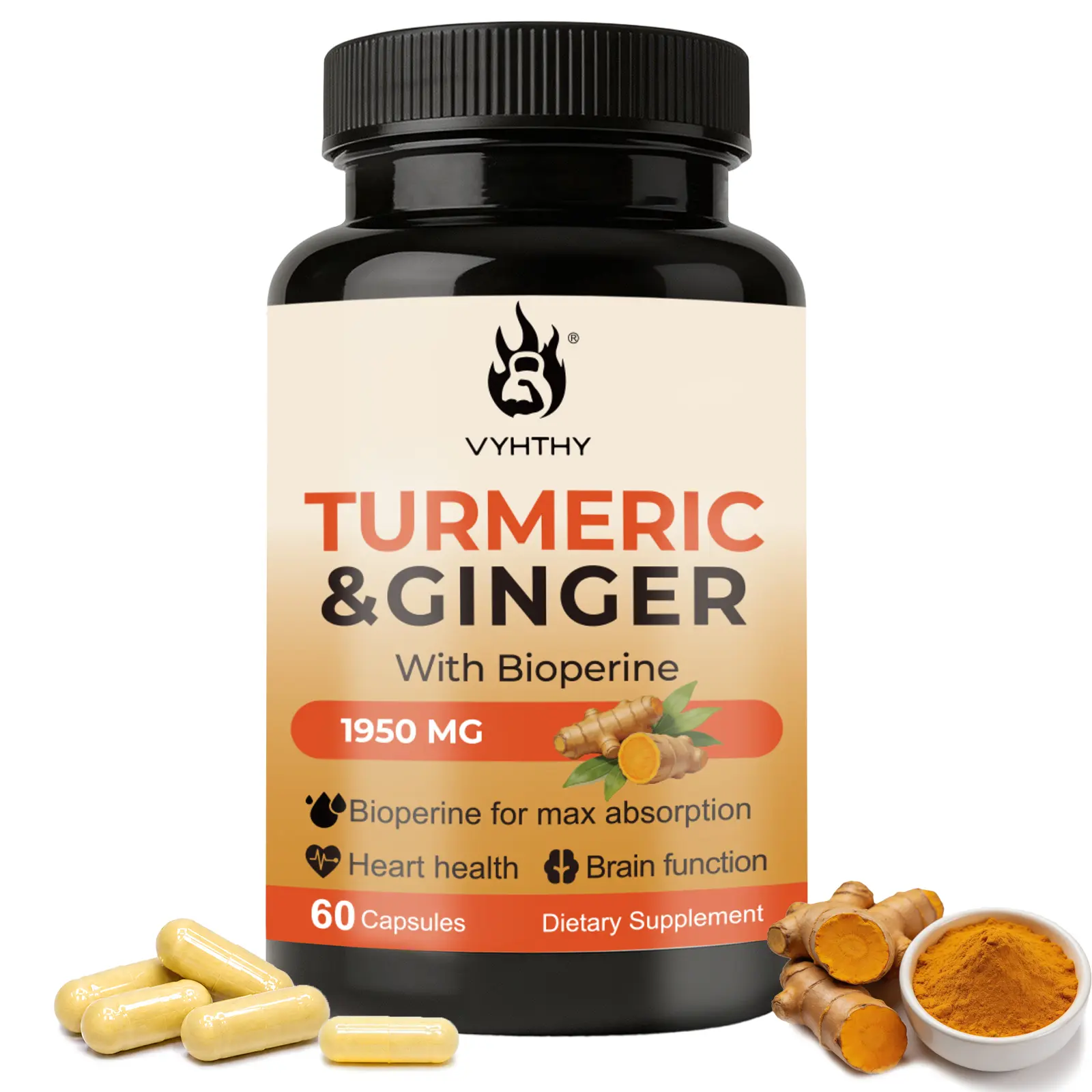 VYHTHY Turmeric and Ginger Supplement 1950mg with BioPerine Black Pepper Extract – Standardized 95% Curcuminoids for Joint Comfort, Mobility & Immune Support – 60 Easy to Swallow Veggie Capsules