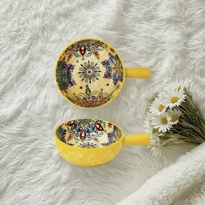 Ceramic Pasta Serving Bowls Boho Style with Handle Colorful Floral Pattern Salad Dessert Bowl for Home Kitchen Tableware bohemian