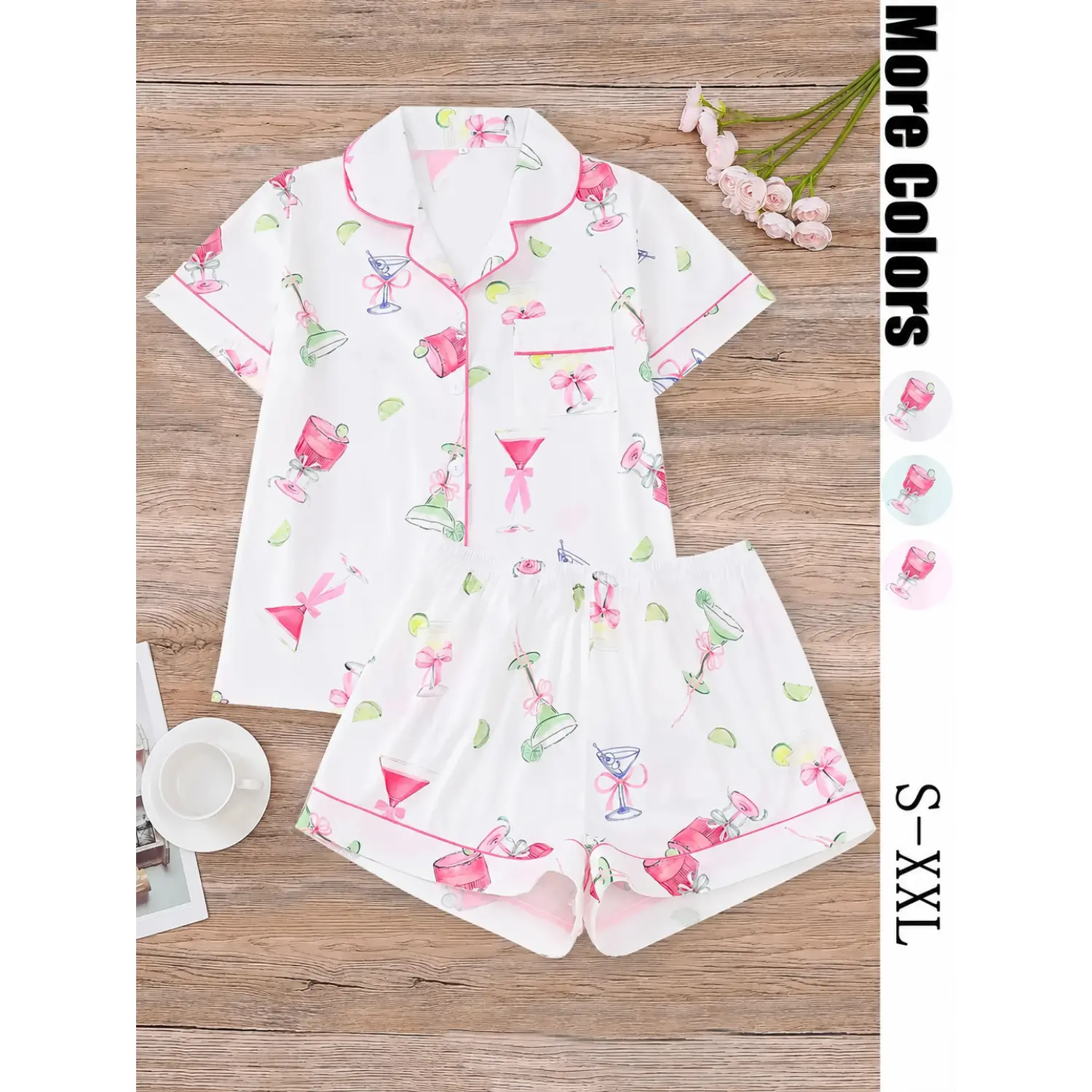 Women's Cocktail Print Sleepwear Set: Button-Front Shirt & Elastic Waist Shorts, Casual Comfy PJs, Short Sleeve Pajama Set, Ladies All-Season Loungewear & Collared Nightwear
